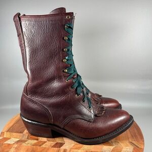 Western Boots Womens 7.5M Brown Leather Lace Up Fringed Vibram Sole